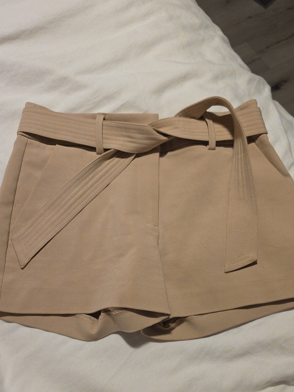 Marciano Mid-Waist Tie-Belt Shorts in Light Beige